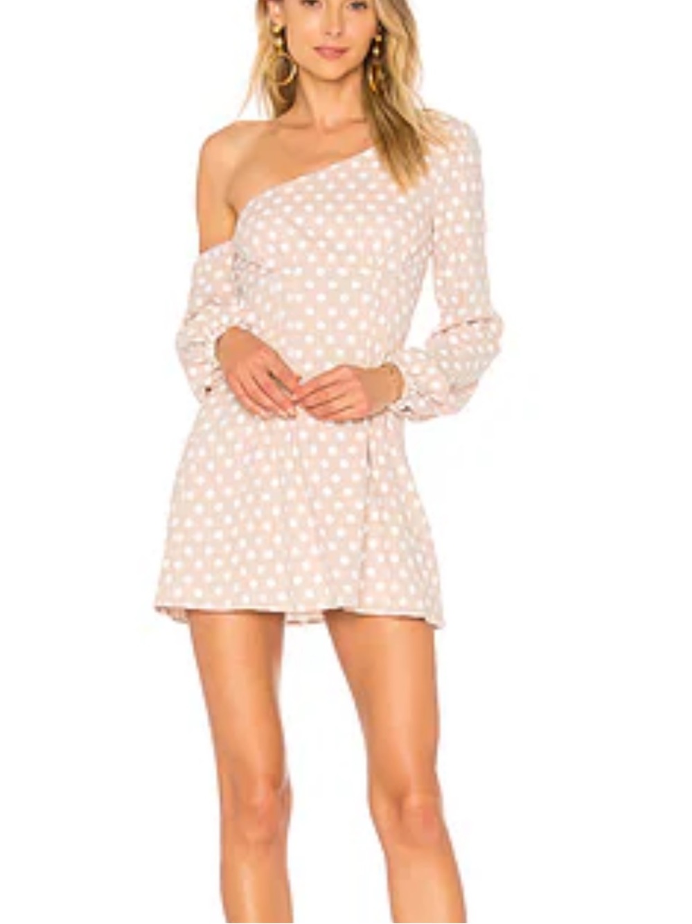 Majorelle Mandy Mini Dress Taupe Polka Dot One Shoulder Puff Sleeve Cottagecore